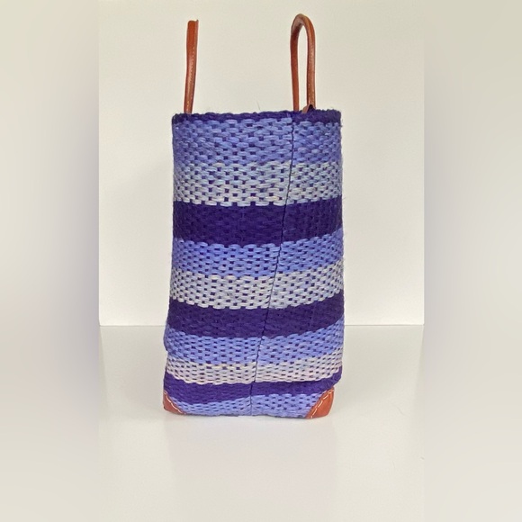 LOVESTITCH, Multi-Stripe Woven Tote Basket Bag, Handbag Hand-Cut Leather Handles - Picture 3 of 12
